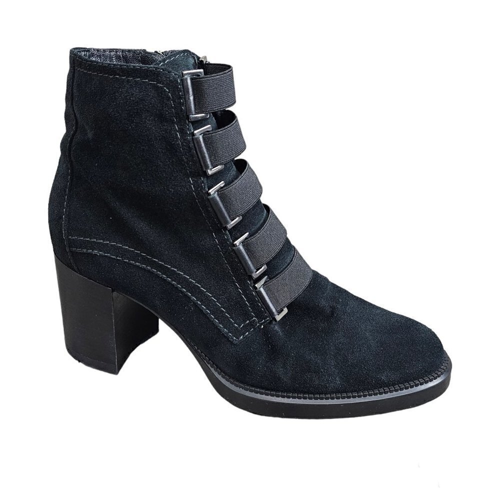 Aquatalia Indira Buckle Ankle Waterproof Black Suede Chunky Block Heel Boots